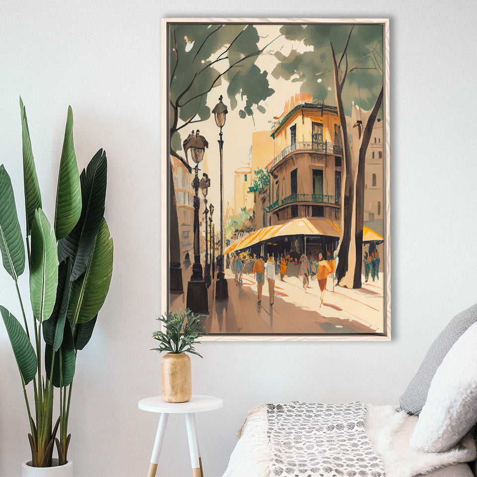 La Rambla Spain Retro Art Print, Large Canvas, Framed Canvas Print Wall Art Home Decor, Floating Frame