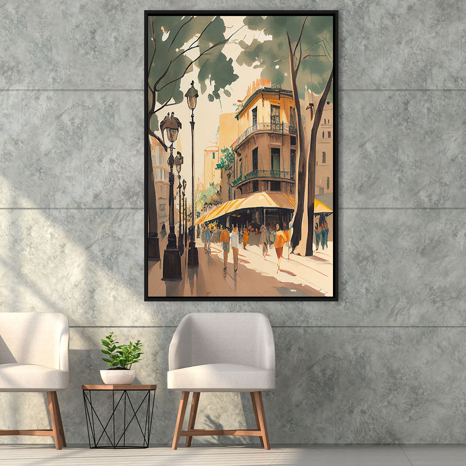 La Rambla Spain Retro Art Print, Large Canvas, Framed Canvas Print Wall Art Home Decor, Floating Frame