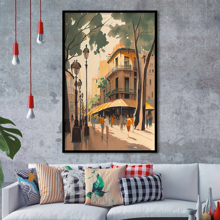La Rambla Spain Retro Art Print, City Art Print, Framed Art Print Wall Art Home Decor, Framed Picture
