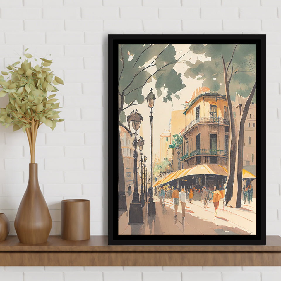 La Rambla Spain Retro Art Print, Large Canvas, Framed Canvas Print Wall Art Home Decor, Floating Frame