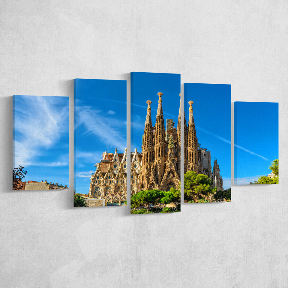 La Sagrada Familia Barcelona Famous Place, 5 Panel Canvas Prints Wall Art,Mixed Canvas, Large Canvas