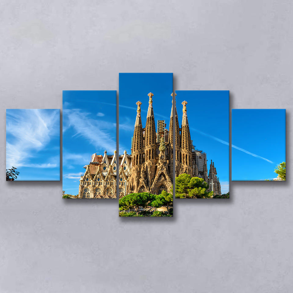 La Sagrada Familia Barcelona Famous Place, 5 Panel Canvas Prints Wall Art,Mixed Canvas, Large Canvas