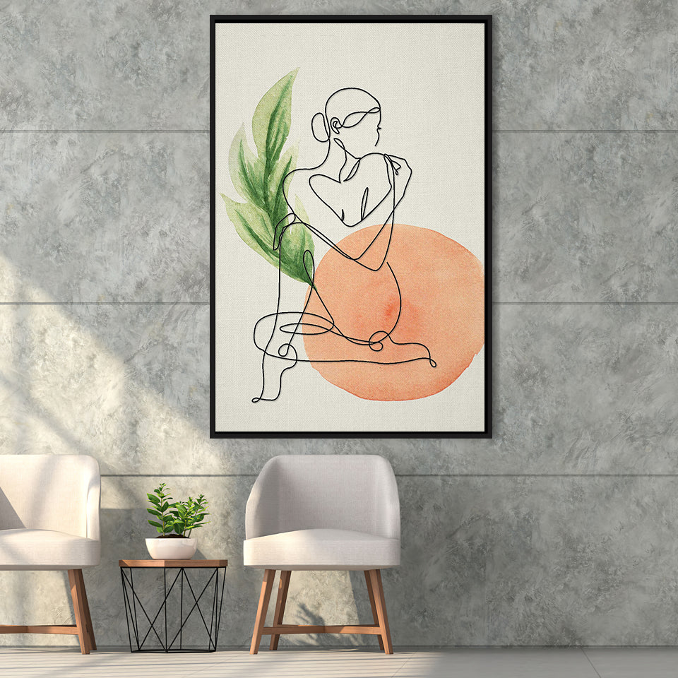 Lady Sit With Green Leaf Bathroom Art Framed Canvas Prints Wall Art, Floating Frame, Large Canvas Home Decor