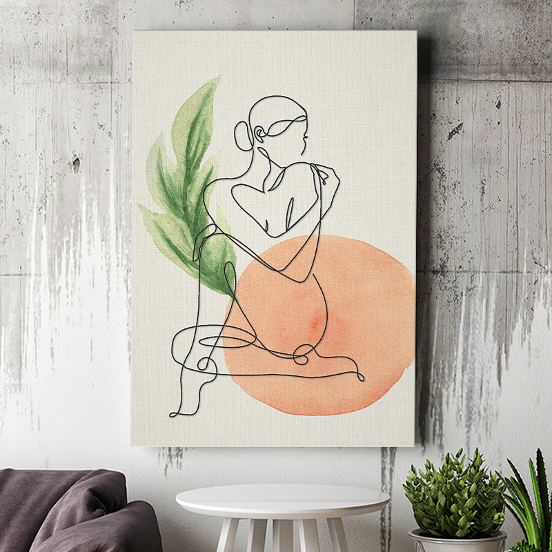 Lady Sit With Green Leaf Bathroom Art Canvas Prints Wall Art, Home Living Room Decor, Large Canvas