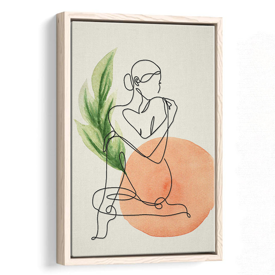 Lady Sit With Green Leaf Bathroom Art Framed Canvas Prints Wall Art, Floating Frame, Large Canvas Home Decor