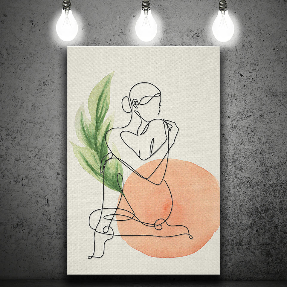 Lady Sit With Green Leaf Bathroom Art Canvas Prints Wall Art, Home Living Room Decor, Large Canvas