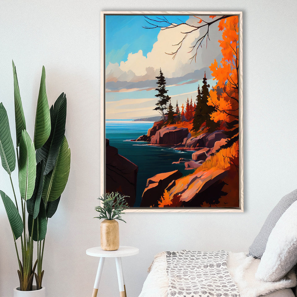 Lake Superior Retro Art Print, Large Canvas, Framed Canvas Print Wall Art Home Decor, Floating Frame