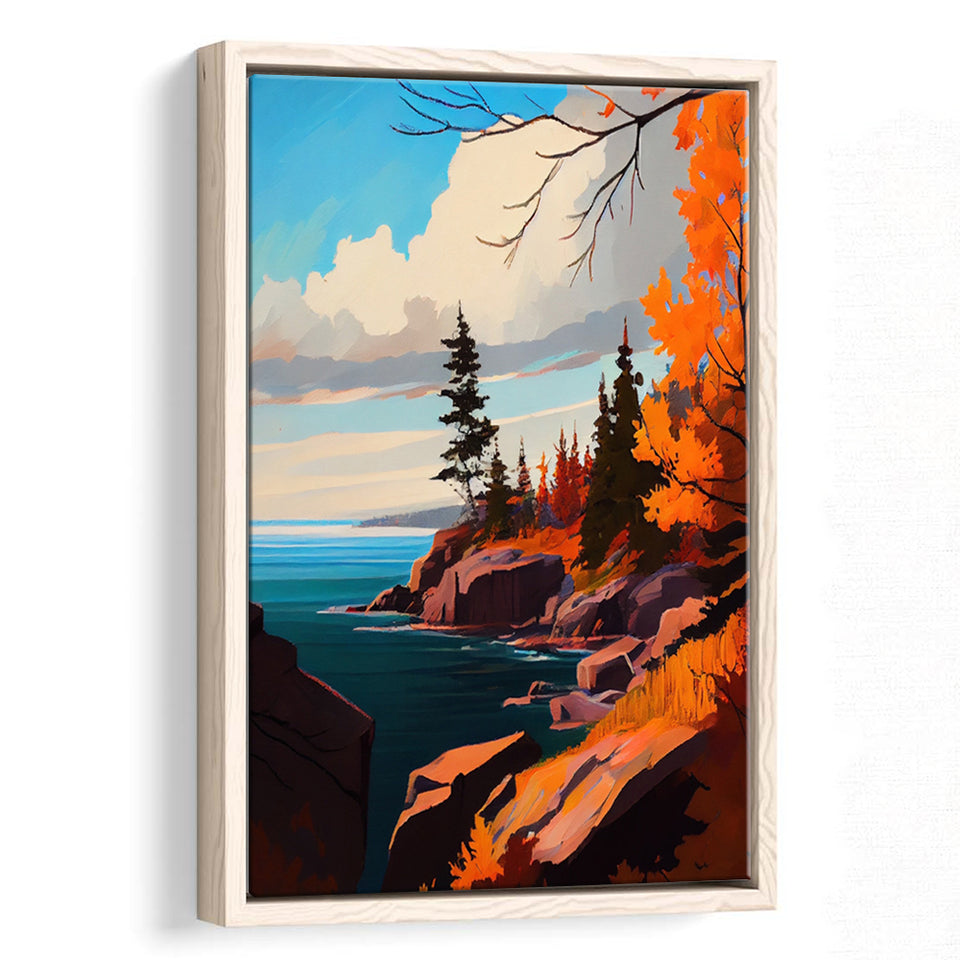 Lake Superior Retro Art Print, Large Canvas, Framed Canvas Print Wall Art Home Decor, Floating Frame