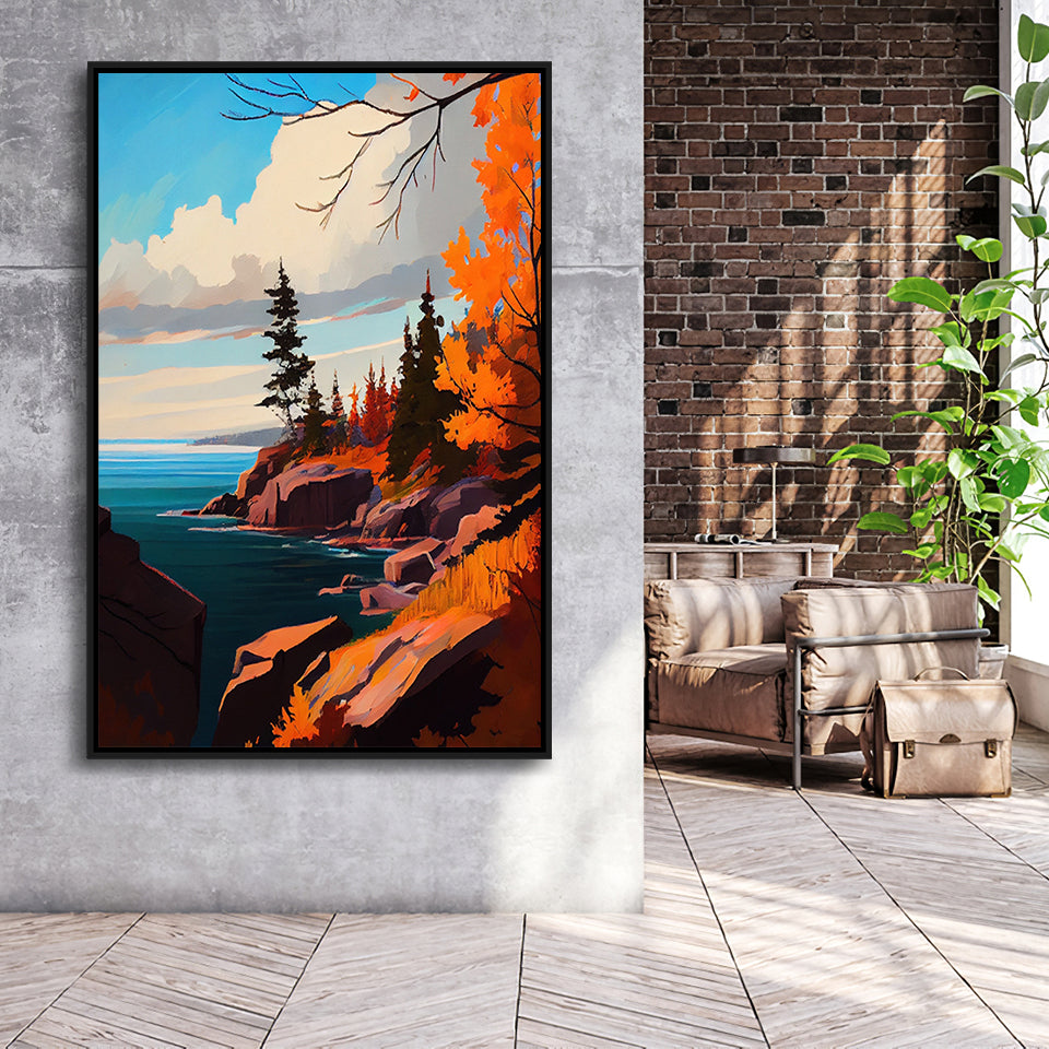 Lake Superior Retro Art Print, Large Canvas, Framed Canvas Print Wall Art Home Decor, Floating Frame