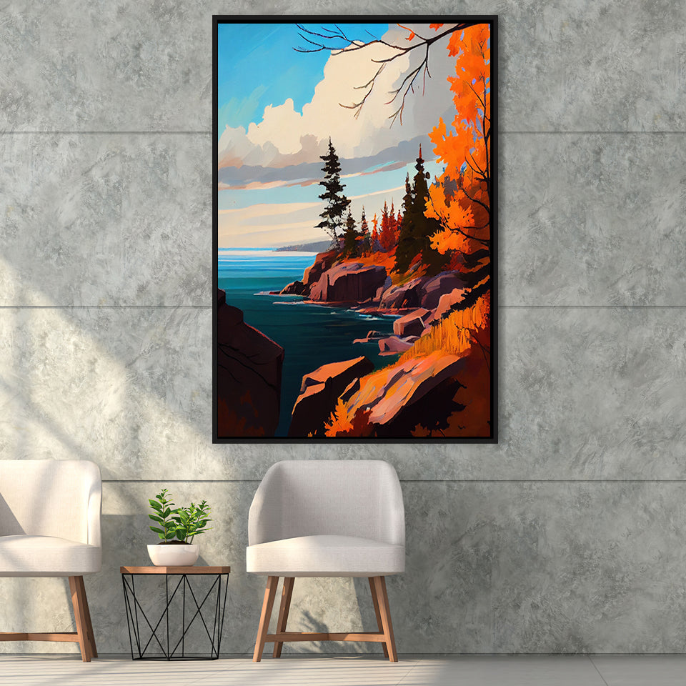 Lake Superior Retro Art Print, Large Canvas, Framed Canvas Print Wall Art Home Decor, Floating Frame