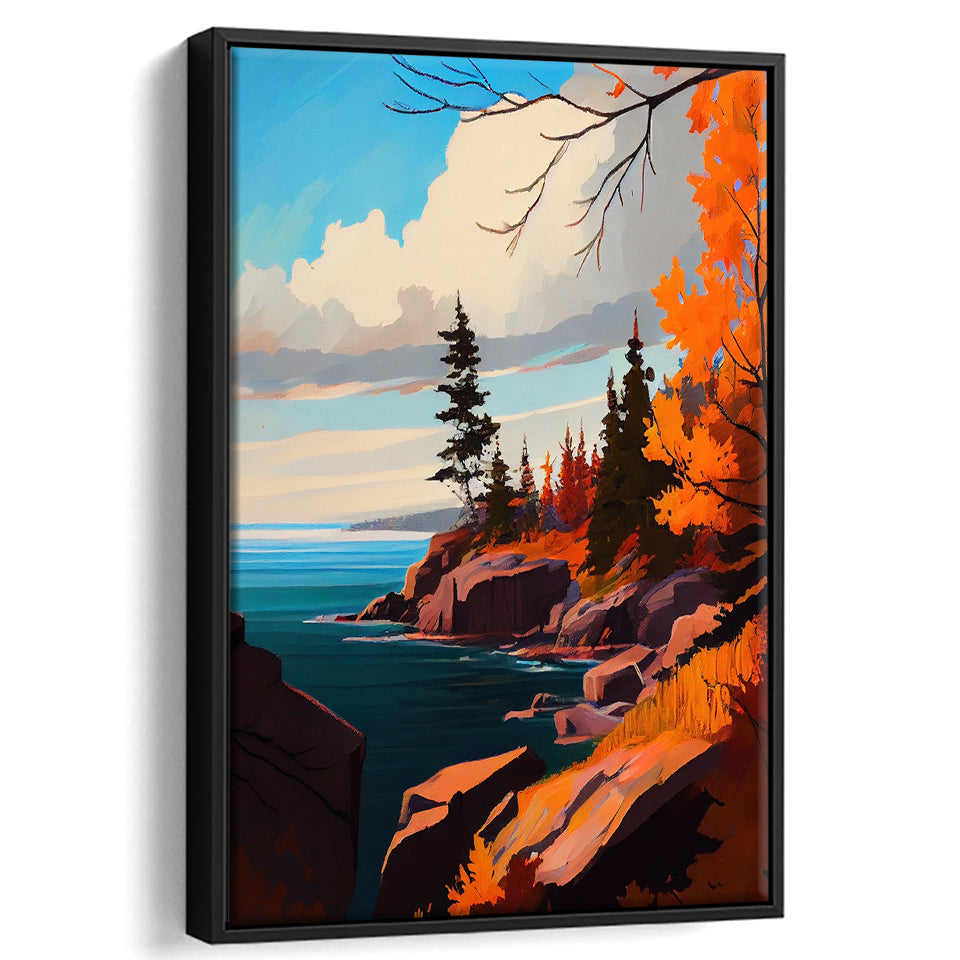 Lake Superior Retro Art Print, Large Canvas, Framed Canvas Print Wall Art Home Decor, Floating Frame