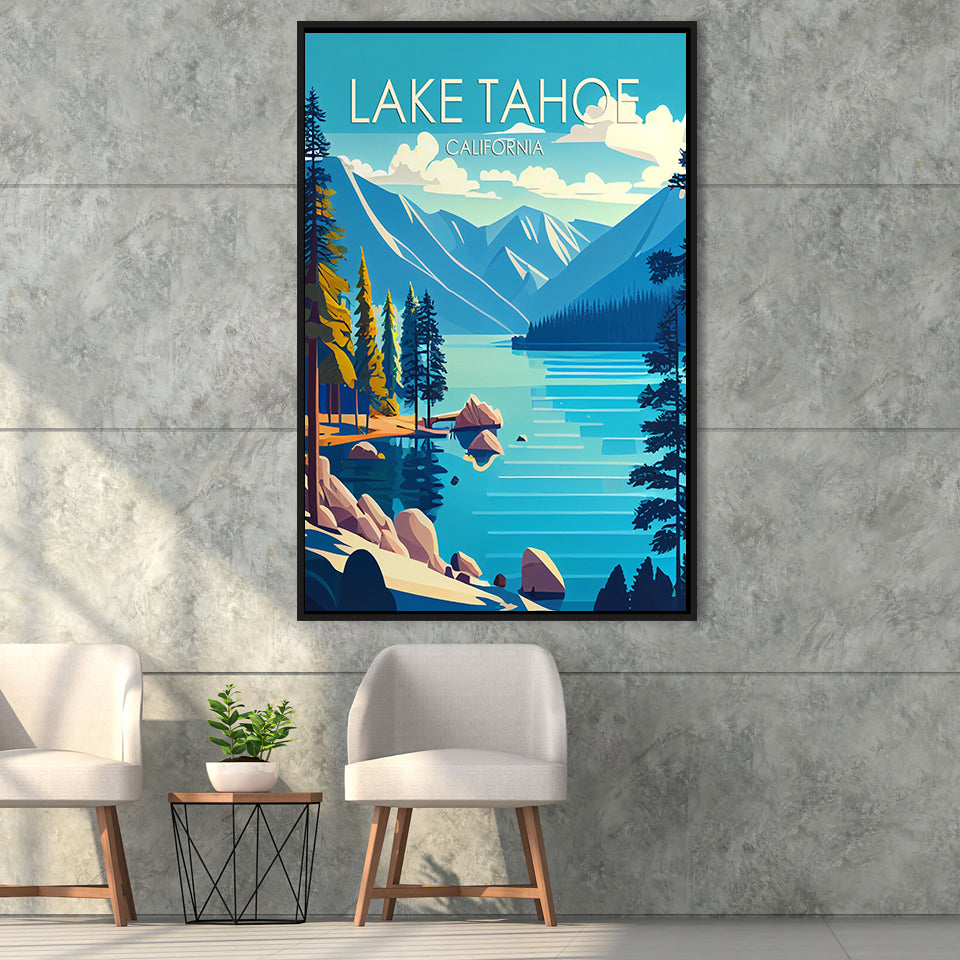 Lake Tahoe California Retro Art Print, Large Canvas, Framed Canvas Print Wall Art Home Decor, Floating Frame