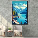 Lake Tahoe California Retro Art Print, Large Canvas, Framed Canvas Print Wall Art Home Decor, Floating Frame