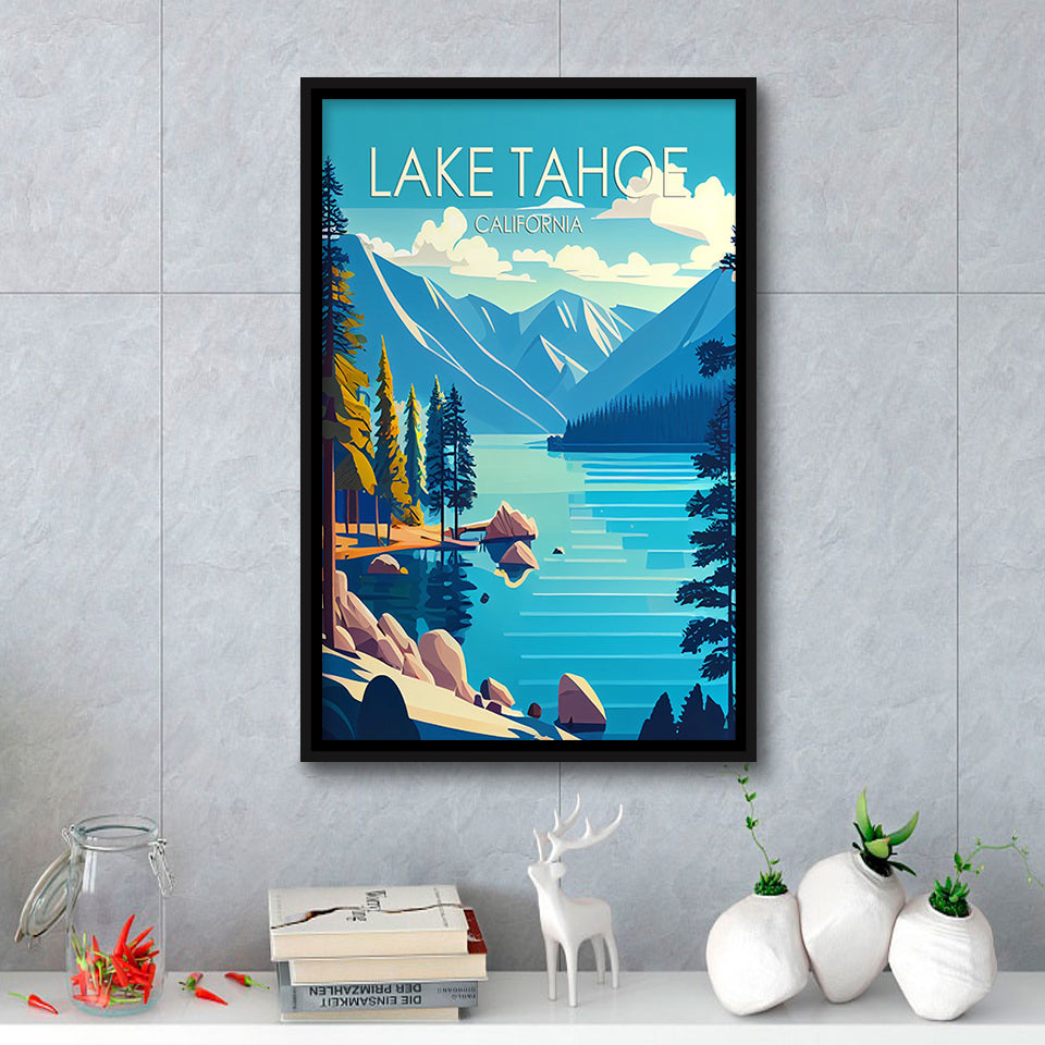 Lake Tahoe California Retro Art Print, Large Canvas, Framed Canvas Print Wall Art Home Decor, Floating Frame