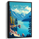 Lake Tahoe California Retro Art Print, Large Canvas, Framed Canvas Print Wall Art Home Decor, Floating Frame
