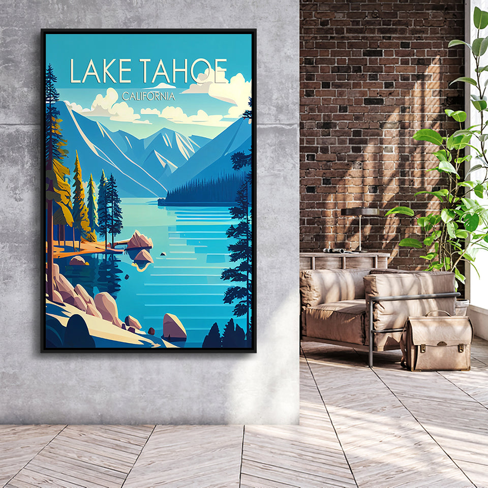 Lake Tahoe California Retro Art Print, Large Canvas, Framed Canvas Print Wall Art Home Decor, Floating Frame