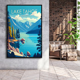 Lake Tahoe California Retro Art Print, Large Canvas, Framed Canvas Print Wall Art Home Decor, Floating Frame