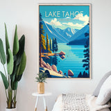 Lake Tahoe California Retro Art Print, Large Canvas, Framed Canvas Print Wall Art Home Decor, Floating Frame