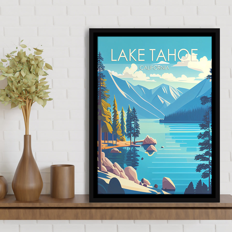 Lake Tahoe California Retro Art Print, Large Canvas, Framed Canvas Print Wall Art Home Decor, Floating Frame