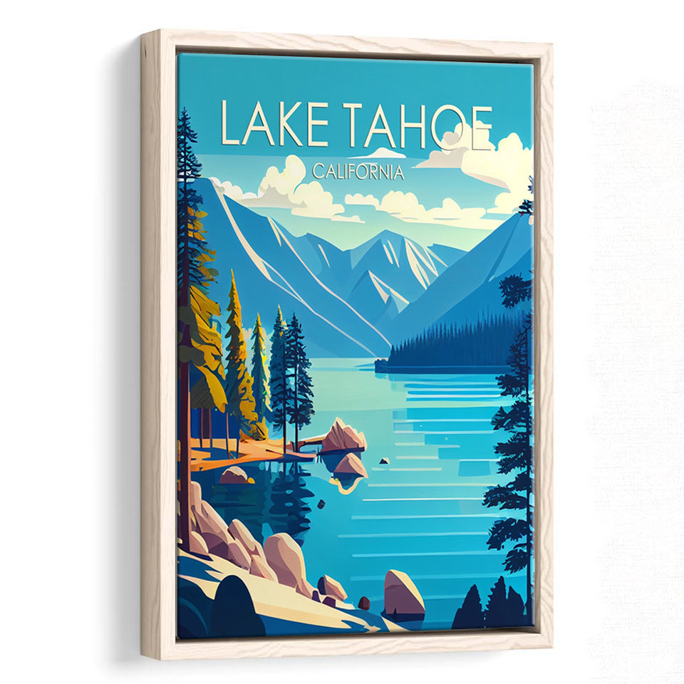 Lake Tahoe California Retro Art Print, Large Canvas, Framed Canvas Print Wall Art Home Decor, Floating Frame