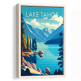 Lake Tahoe California Retro Art Print, Large Canvas, Framed Canvas Print Wall Art Home Decor, Floating Frame