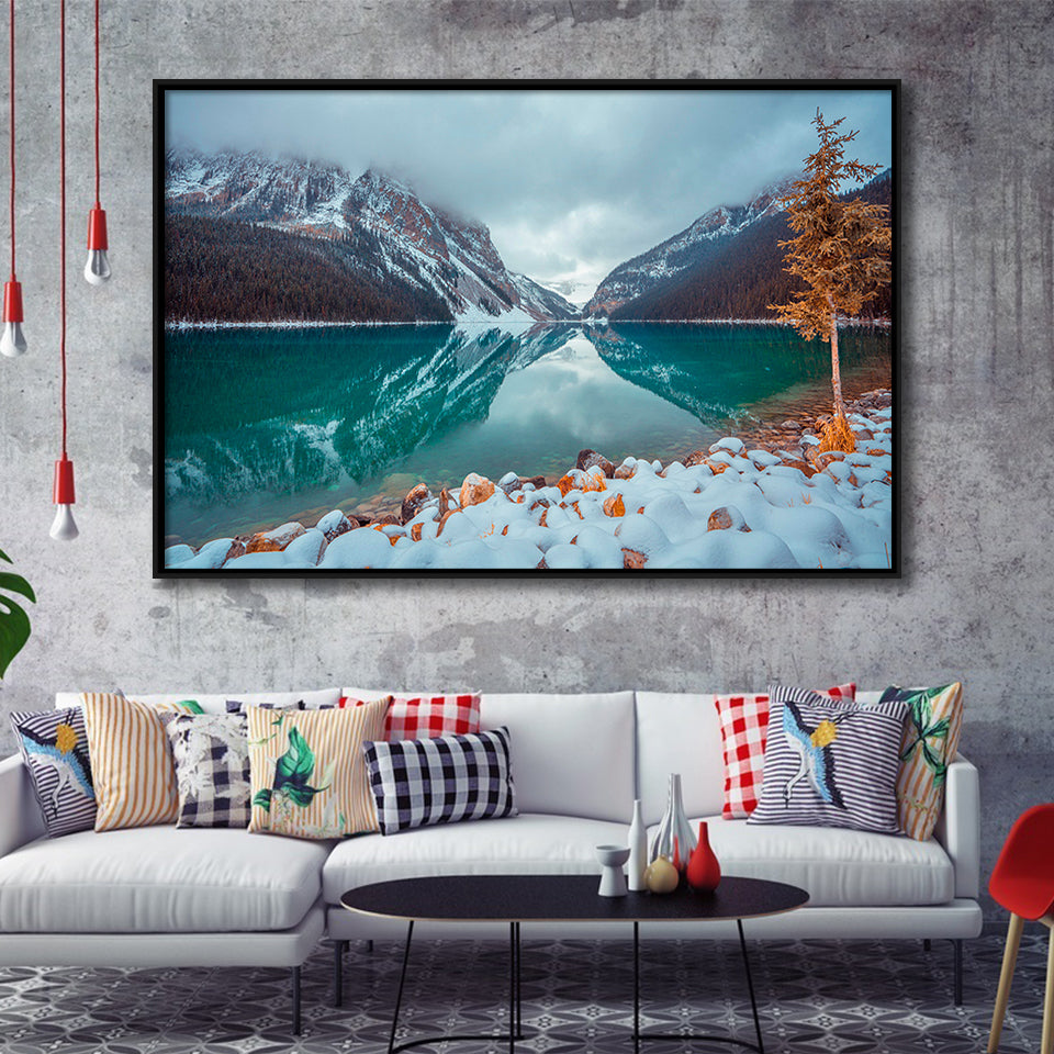 Lake And Mountains Winter Framed Canvas Prints Wall Art Decor, Framed Picture, Floating Frame