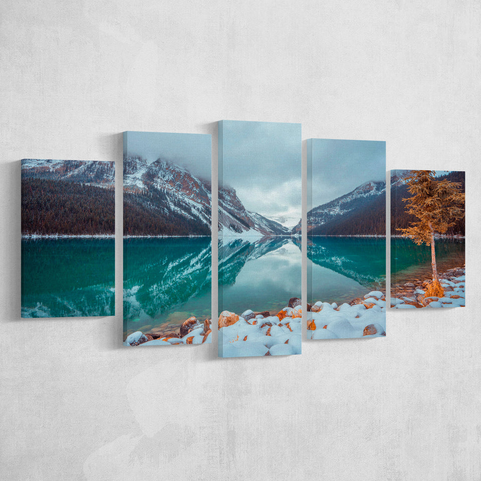 Lake And Mountains Winter 5 Piece Canvas Prints Wall Art Decor, Multi Panels, Mixed Canvas