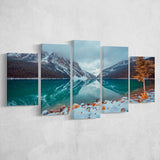 Lake And Mountains Winter 5 Piece Canvas Prints Wall Art Decor, Multi Panels, Mixed Canvas