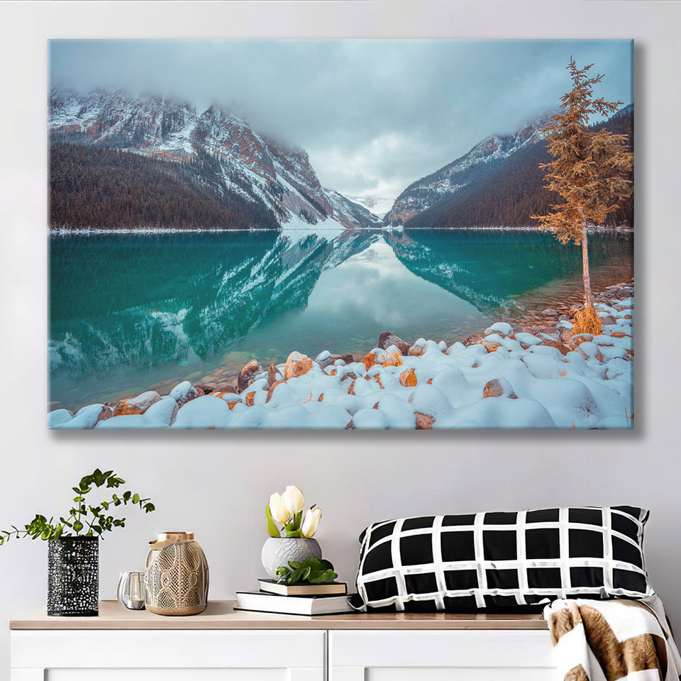 Lake And Mountains Winter Canvas Prints Wall Art Decor - Painting Canvas,Home Decor, Ready to Hang