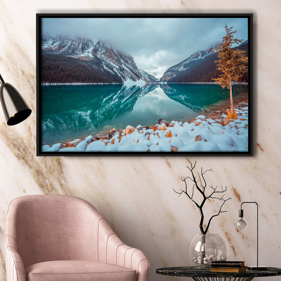 Lake And Mountains Winter Framed Canvas Prints Wall Art Decor, Framed Picture, Floating Frame