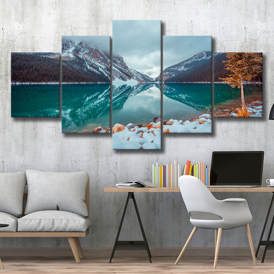 Lake And Mountains Winter 5 Piece Canvas Prints Wall Art Decor, Multi Panels, Mixed Canvas