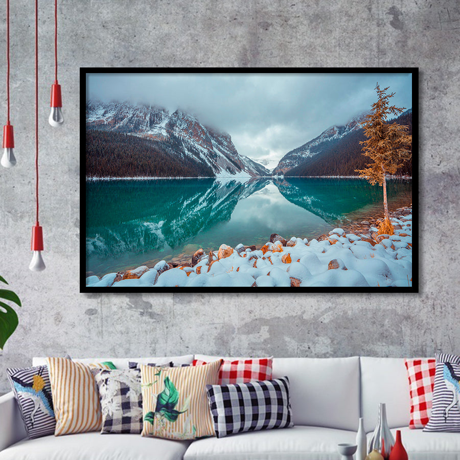 Lake And Mountains Winter Framed Art Prints Wall Art Decor, Framed Picture, Home Decor