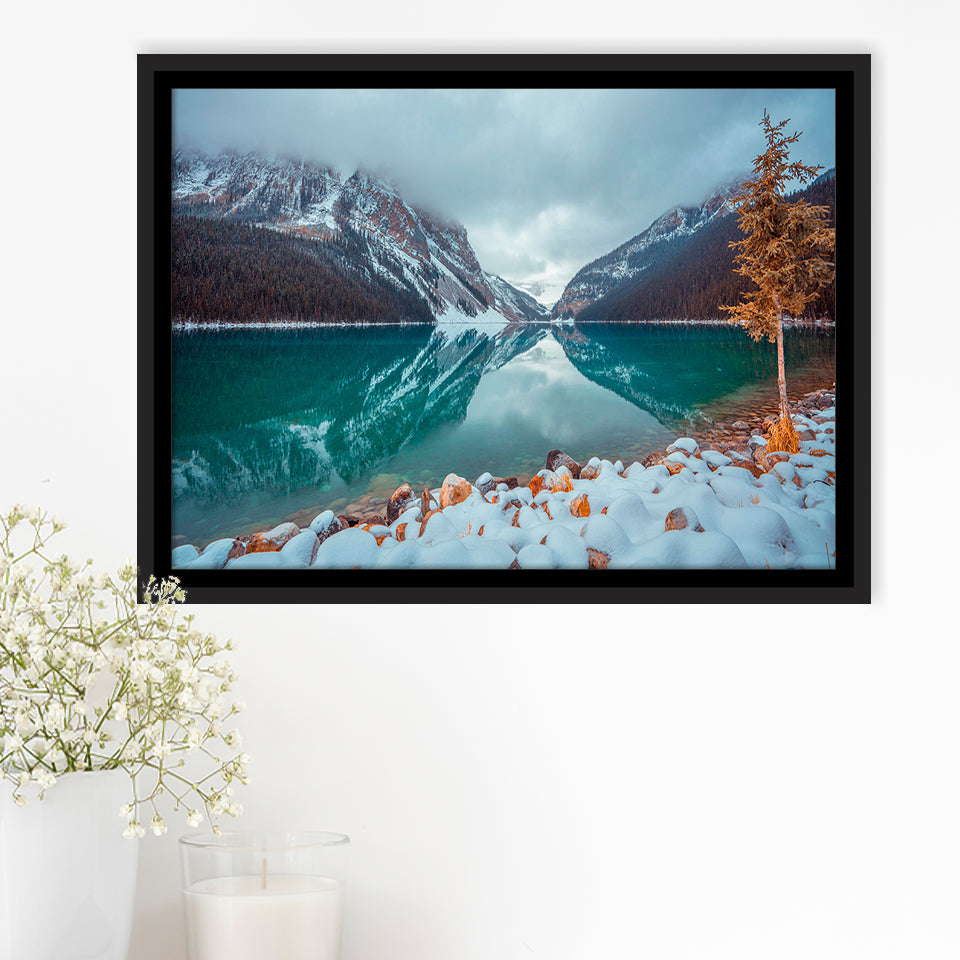 Lake And Mountains Winter Framed Canvas Prints Wall Art Decor, Framed Picture, Floating Frame