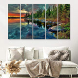 Lake Surrounded By Forest On Sunset 5 Pieces B Canvas Prints Wall Art - Painting Canvas, Multi Panels,5 Panel, Wall Decor