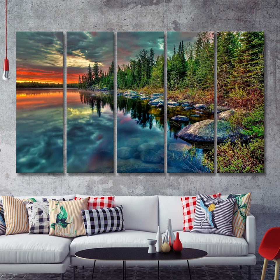 Lake Surrounded By Forest On Sunset 5 Pieces B Canvas Prints Wall Art - Painting Canvas, Multi Panels,5 Panel, Wall Decor