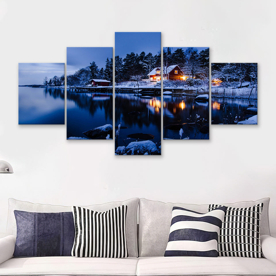 Lake W Houses And Forest On Winter 5 Pieces Canvas Prints Wall Art - Painting Canvas, Multi Panel, Wall Decor, Canvas Art