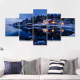 Lake W Houses And Forest On Winter 5 Pieces Canvas Prints Wall Art - Painting Canvas, Multi Panel, Wall Decor, Canvas Art