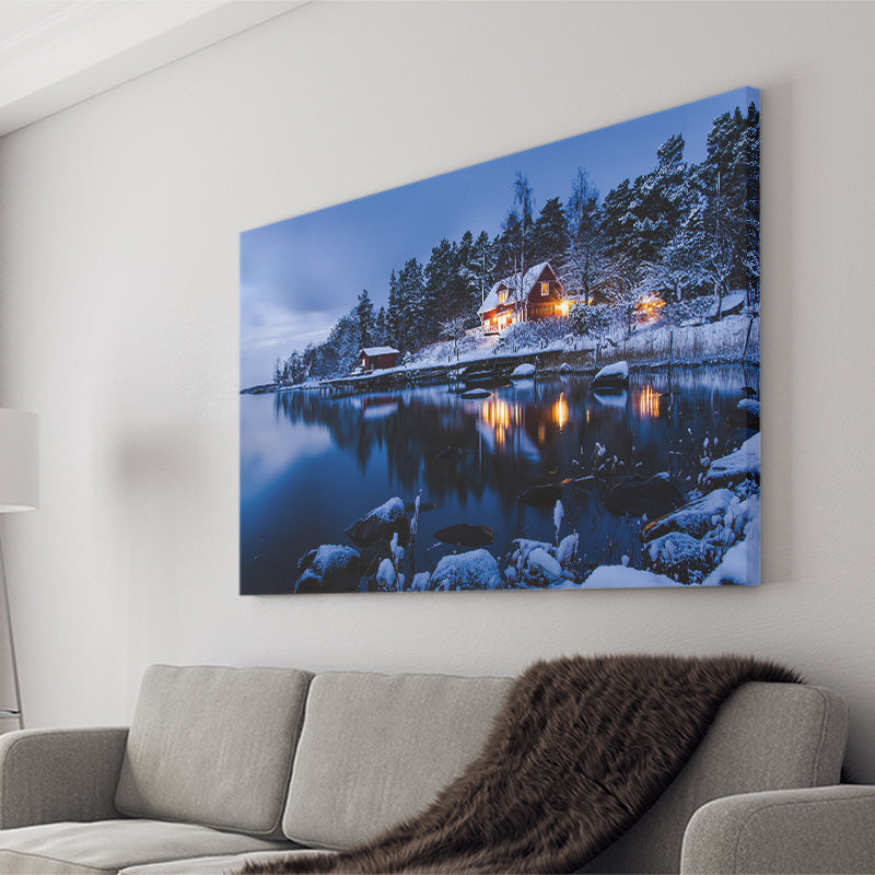 Lake W Houses And Forest On Winter Canvas Prints Wall Art - Painting Canvas, Wall Decor, Canvas Art, For Sale