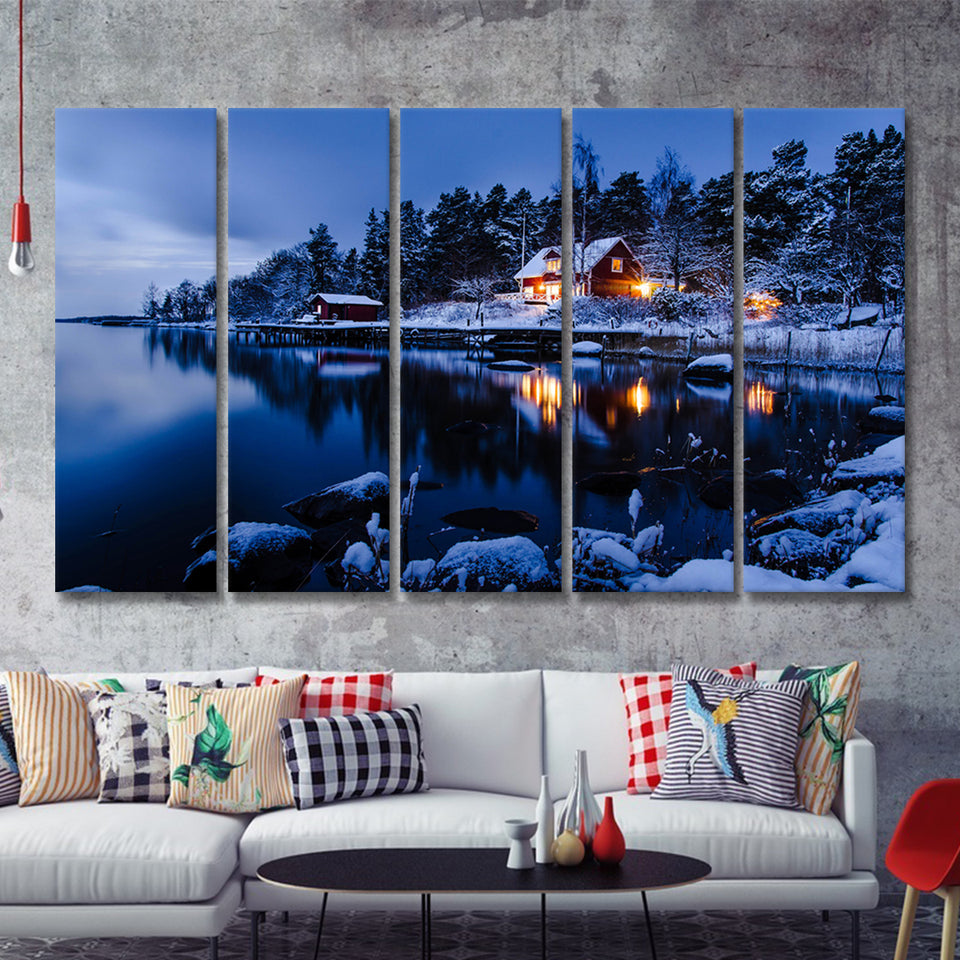 Lake W Houses And Forest On Winter 5 Pieces B Canvas Prints Wall Art - Painting Canvas, Multi Panel, Wall Decor, Canvas Art