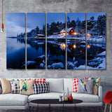 Lake W Houses And Forest On Winter 5 Pieces B Canvas Prints Wall Art - Painting Canvas, Multi Panel, Wall Decor, Canvas Art