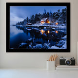 Lake W Houses And Forest On Winter Framed Art Prints Wall Decor - Painting Prints, Wall Art, Framed Picture, Black Frame