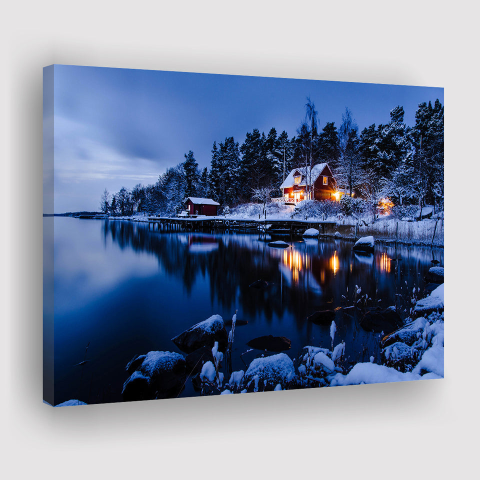 Lake W Houses And Forest On Winter Canvas Prints Wall Art - Painting Canvas, Wall Decor, Canvas Art, For Sale