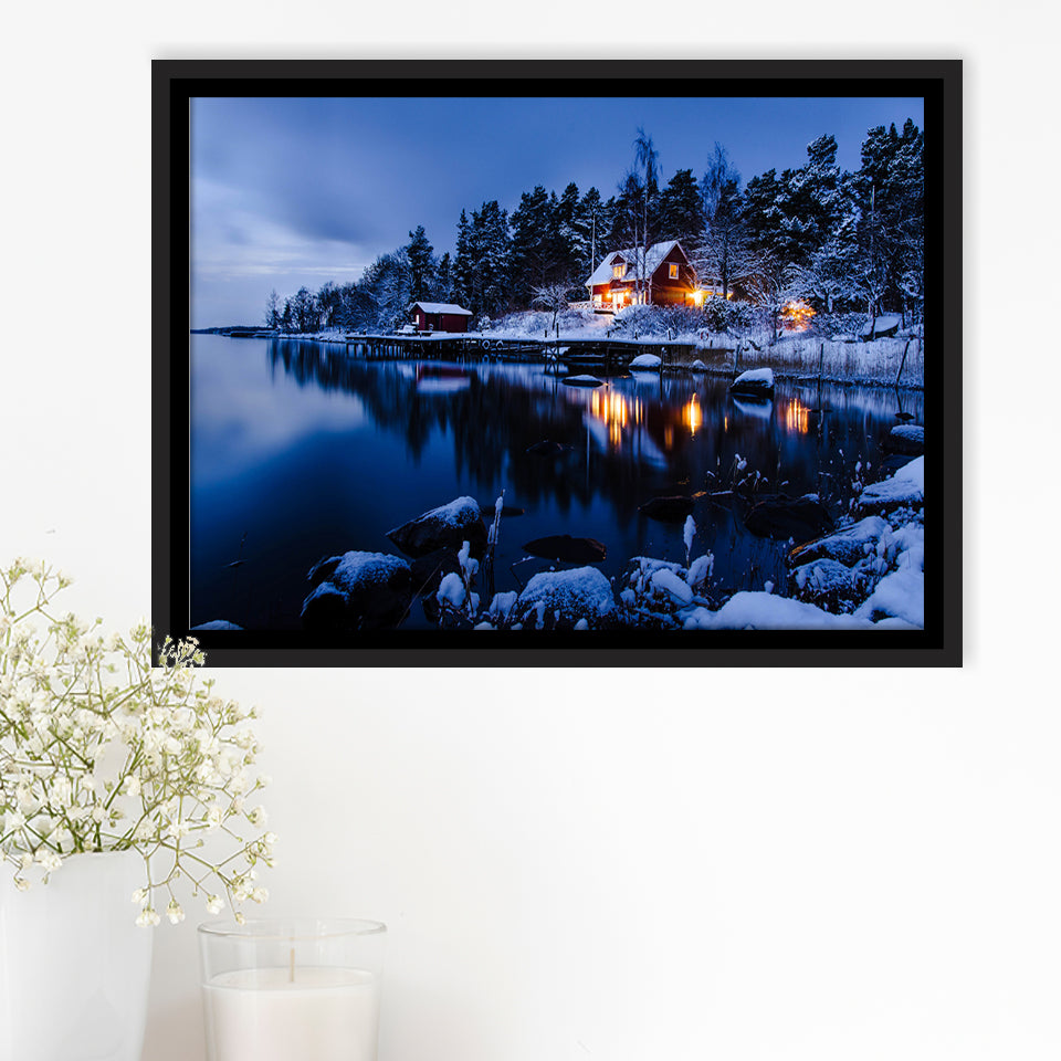 Lake W Houses And Forest On Winter Framed Canvas Prints Wall Art - Painting Canvas, Wall Decor, Canvas Art, Floating Frame