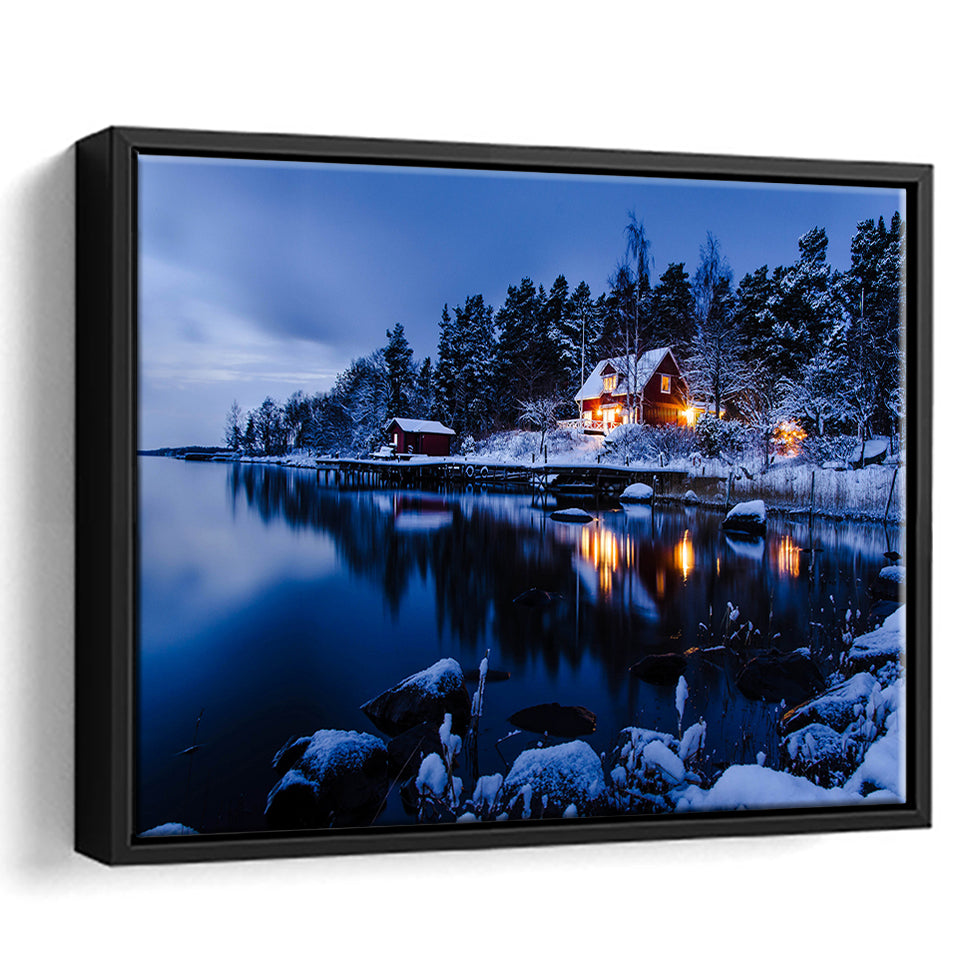 Lake W Houses And Forest On Winter Framed Canvas Prints Wall Art - Painting Canvas, Wall Decor, Canvas Art, Floating Frame