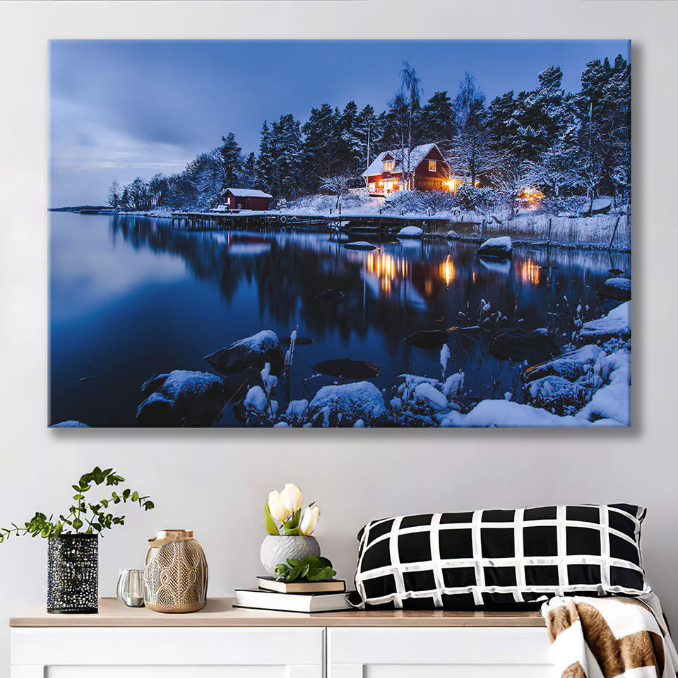 Lake W Houses And Forest On Winter Canvas Prints Wall Art - Painting Canvas, Wall Decor, Canvas Art, For Sale