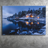 Lake W Houses And Forest On Winter Canvas Prints Wall Art - Painting Canvas, Wall Decor, Canvas Art, For Sale