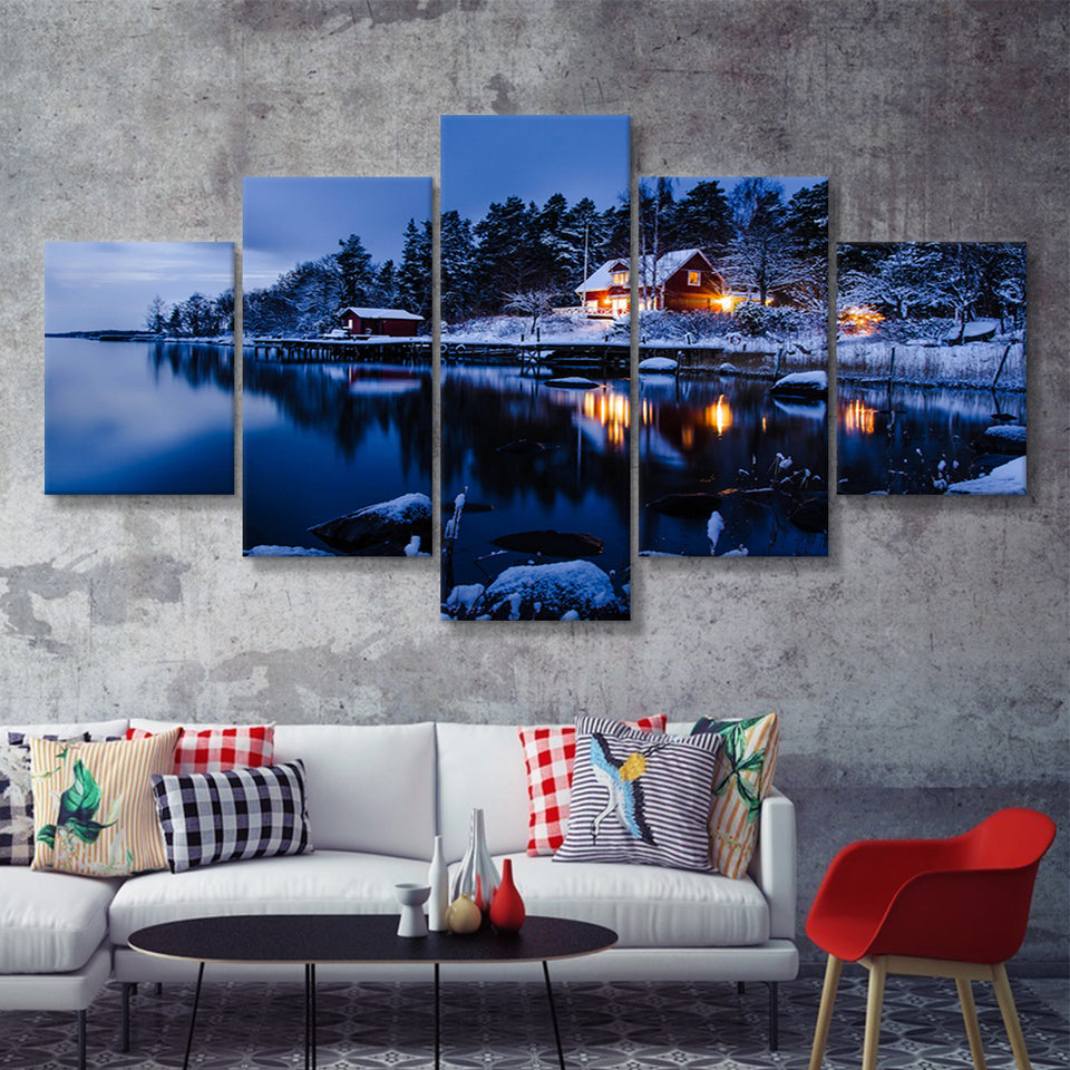 Lake W Houses And Forest On Winter 5 Pieces Canvas Prints Wall Art - Painting Canvas, Multi Panel, Wall Decor, Canvas Art