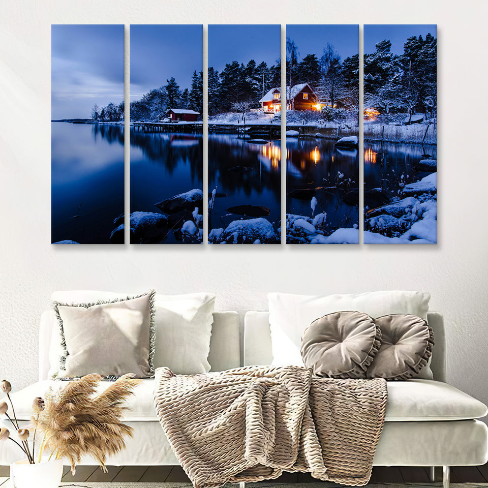 Lake W Houses And Forest On Winter 5 Pieces B Canvas Prints Wall Art - Painting Canvas, Multi Panel, Wall Decor, Canvas Art