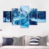 Lake Winter Forest W Trees  5 Pieces Canvas Prints Wall Art - Painting Canvas, Multi Panels, 5 Panel, Wall Decor