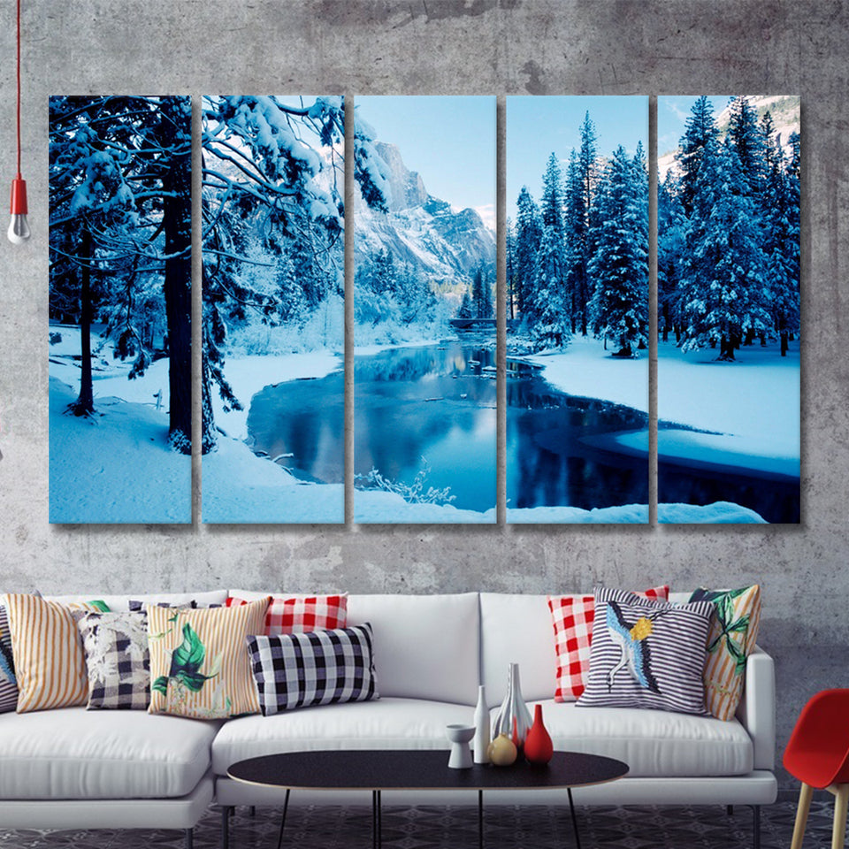 Lake Winter Forest W Trees 5 Pieces B Canvas Prints Wall Art - Painting Canvas, Multi Panels,5 Panel, Wall Decor
